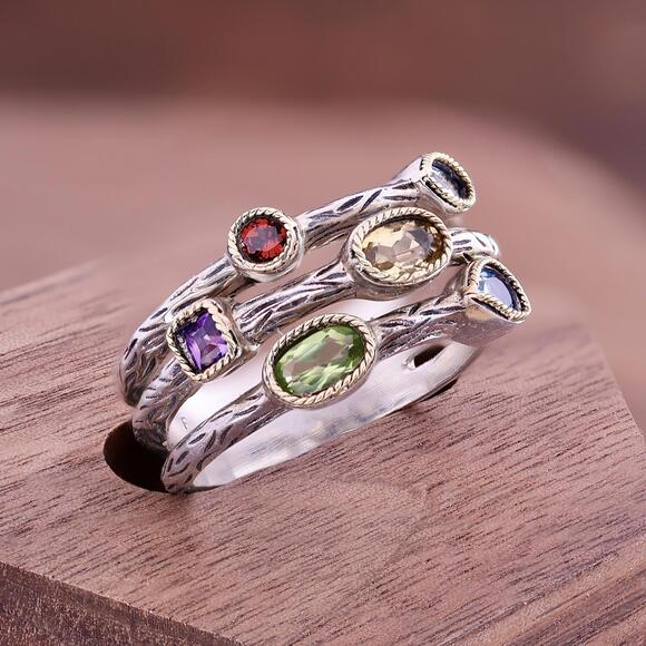 Effy Sterling & 18K YG Amethyst Topaz Citrine Garnet Peridot Aqua Ring Size 7.5 - Picture 1 of 12